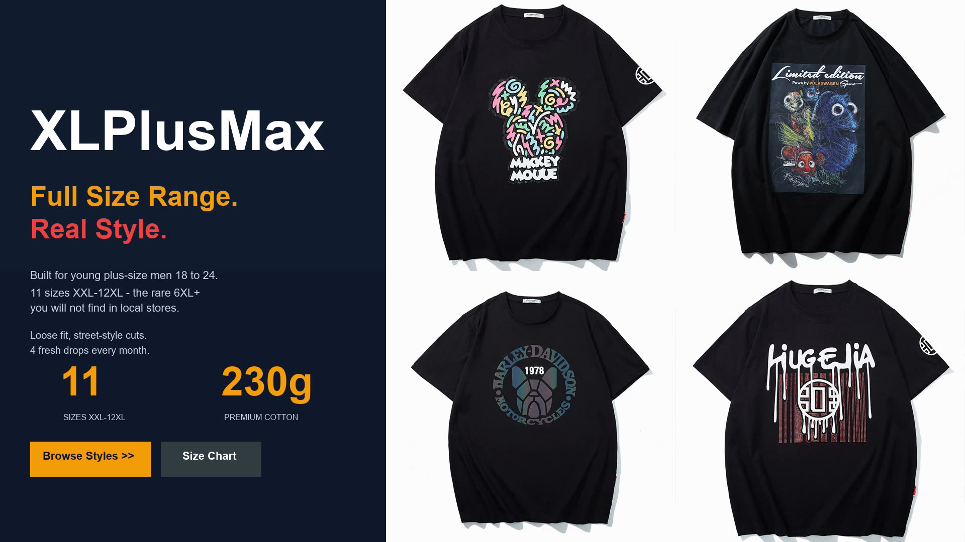 XLPlusMax — Plus Size Men's Fashion. 11 sizes XXL-12XL, 230g premium cotton, loose street-style cuts. Built for young plus-size men 18-24.