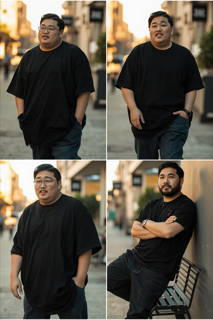 Plus-size man wearing oversized black tee, hands in pockets