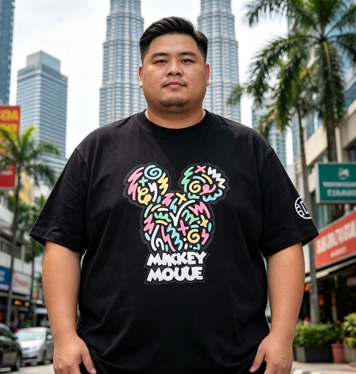 Colorful Graffiti Tee worn by plus-size guy in KL — Mickey Mouse graphic print, loose fit, street style