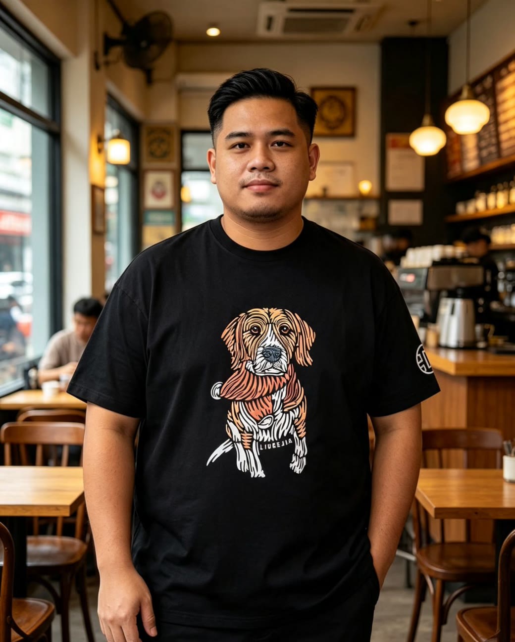 Cartoon Dog Print Tee Worn by Real Customer (Café Lifestyle)