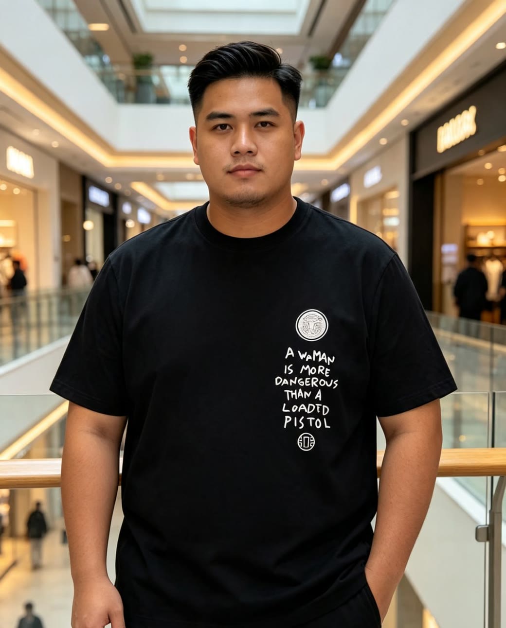 Gold Foil Letter Embroidery Tee Worn by Real Customer (Shopping Mall Lifestyle)