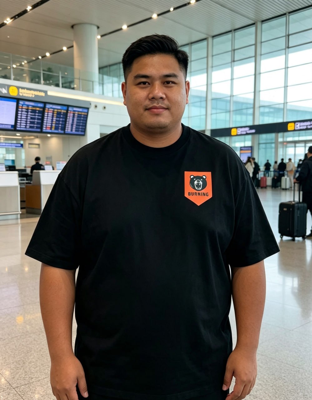 BURNING Bear Drop-Shoulder Letter Tee Worn by Real Customer (Airport Terminal Lifestyle)