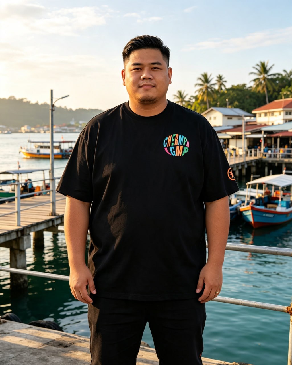 CHERIMP Cartoon Letter Tee Worn by Real Customer (Tropical Harbor Lifestyle)