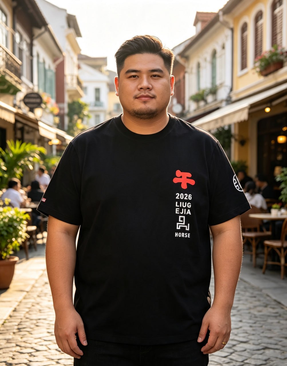 LIUG EJIA 2026 Horse Zodiac Tee Worn by Real Customer (European Cobblestone Street Lifestyle)