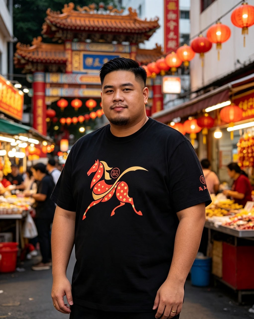 Good Luck Wishes Tee Worn by Real Customer (Chinatown Night Market Lifestyle)