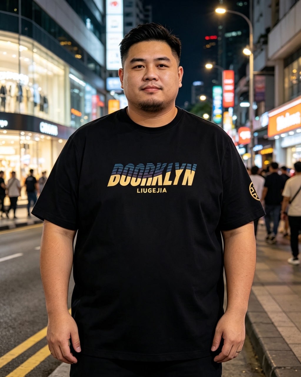 View 2 (Model wearing black TEE-017 — urban night streetwear vibe, BROOKLYN + LIUGEJIA wordmark visible)