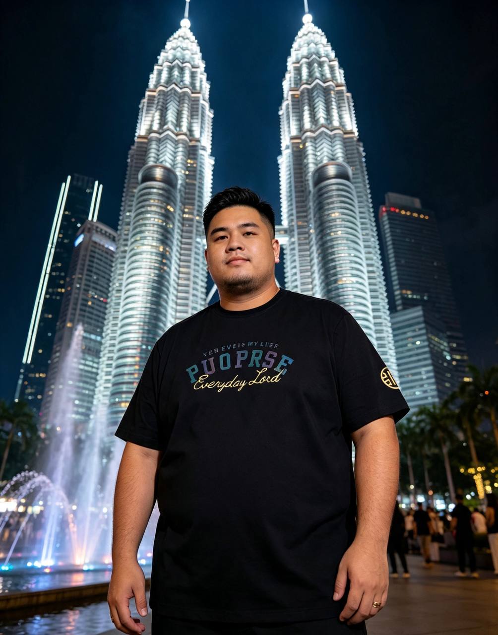 View 2 (Model wearing black TEE-018 — KLCC Petronas Twin Towers + fountain night lifestyle shot)