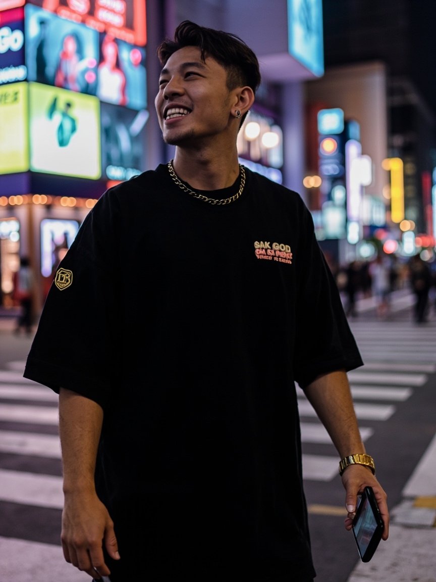 View 2 (Model wearing black TEE-019 — KL Bukit Bintang street night lifestyle shot)